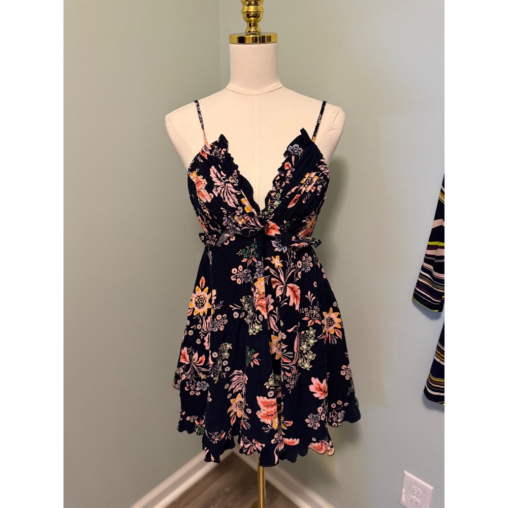 Free People Looking Glass Floral Corduroy Mini Dress Navy Blue Small